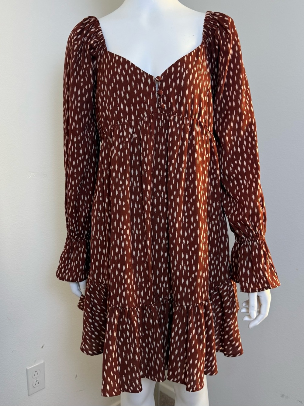 Women's Brown Printed Long Sleeve Tiered Dress